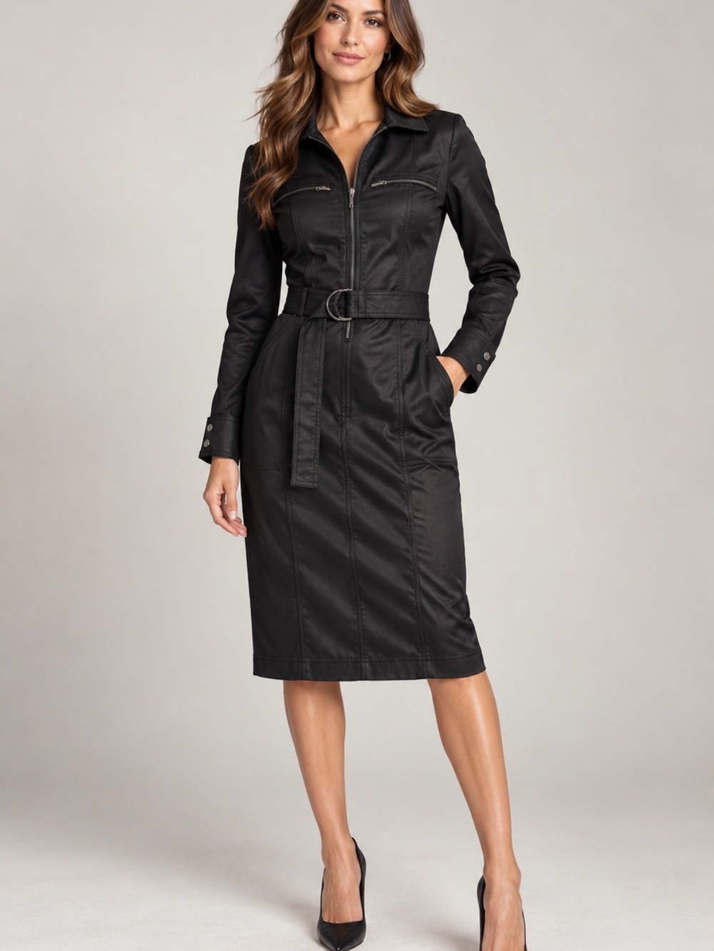 White House Black Market Black Belted Midi Shirt Dress